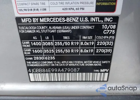 2009 Mercedes-Benz Ml 350 4Matic from USA, damaged, VIN 4JGBB86E99A479087
